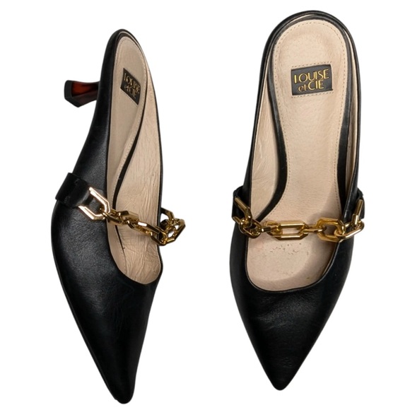 Louise Et Cie Fionnah Mules Slides Leather Tortoise Kitten Heel Gold Chain Sz 8 - Picture 1 of 11
